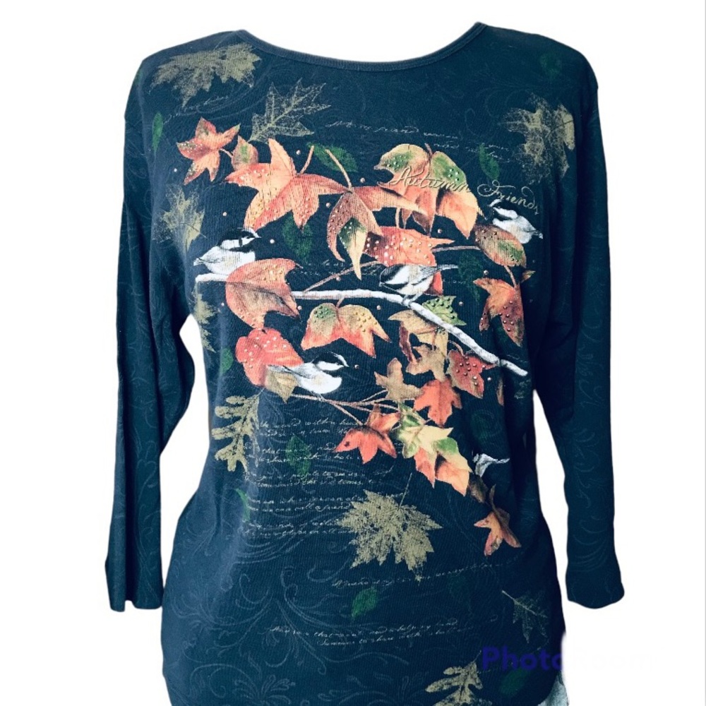 Chickadees & Autumn Leaves navy ls shirt M